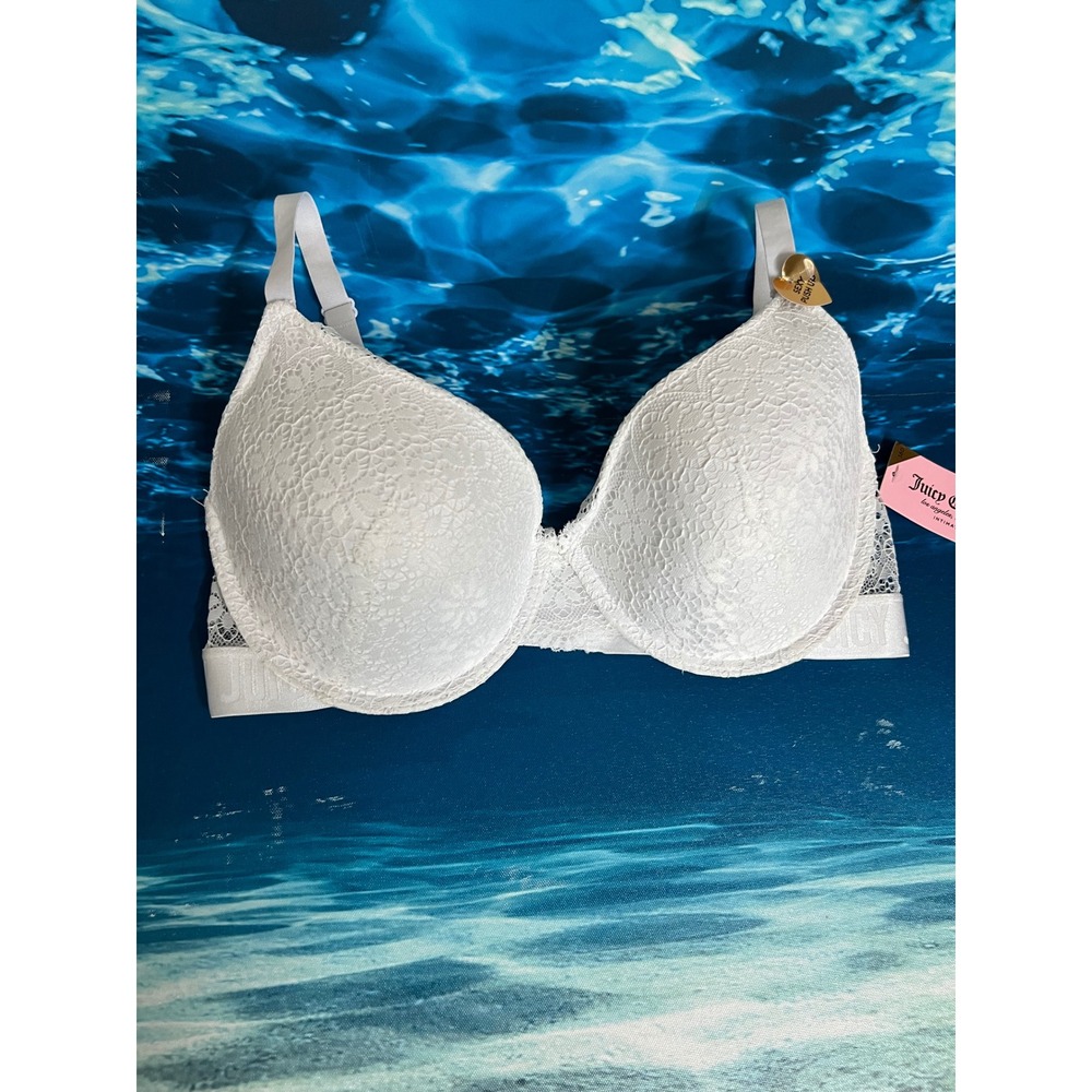 Juicy Couture White Lace Push Up Bra Logo Band Size 36D NWT